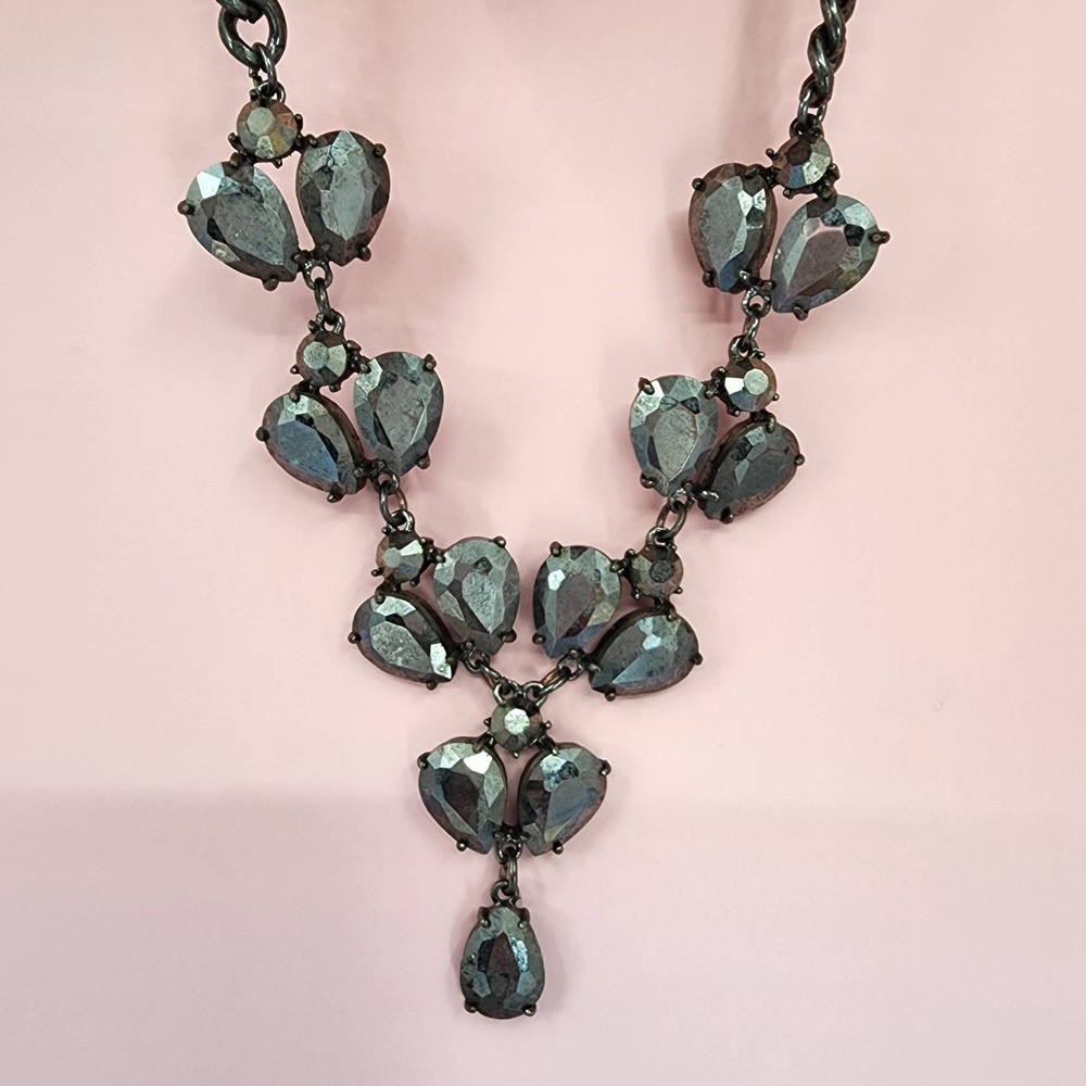 Black Gunmetal Faceted Crystal Bib Necklace Teardrop Statement Gothic Vintage